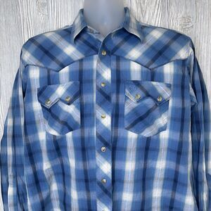 Wrangler Pearl Snap Western Shirt Men's Size Medium Blue Plaid Cowboy Cotton